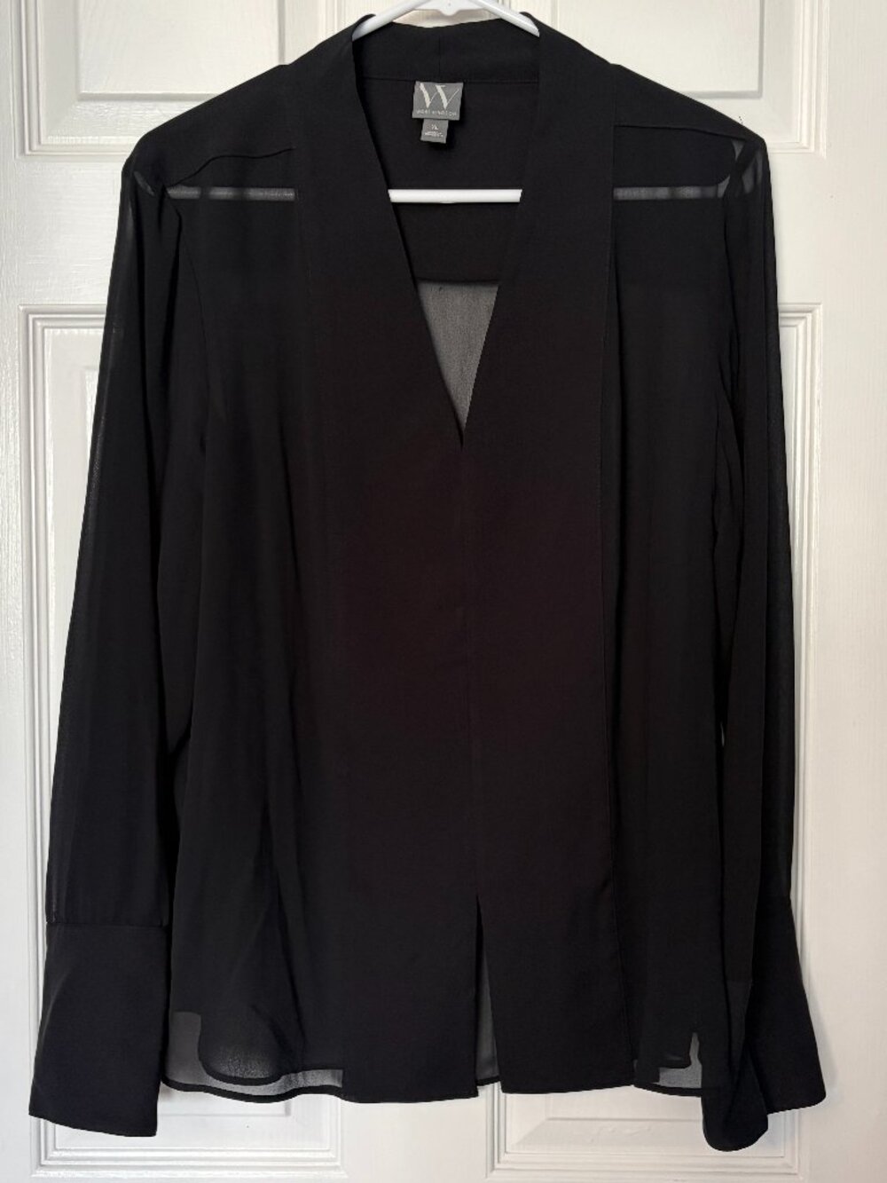 Worthington women’s black long-sleeve blouse V-neck sheer panel Biz casual XL